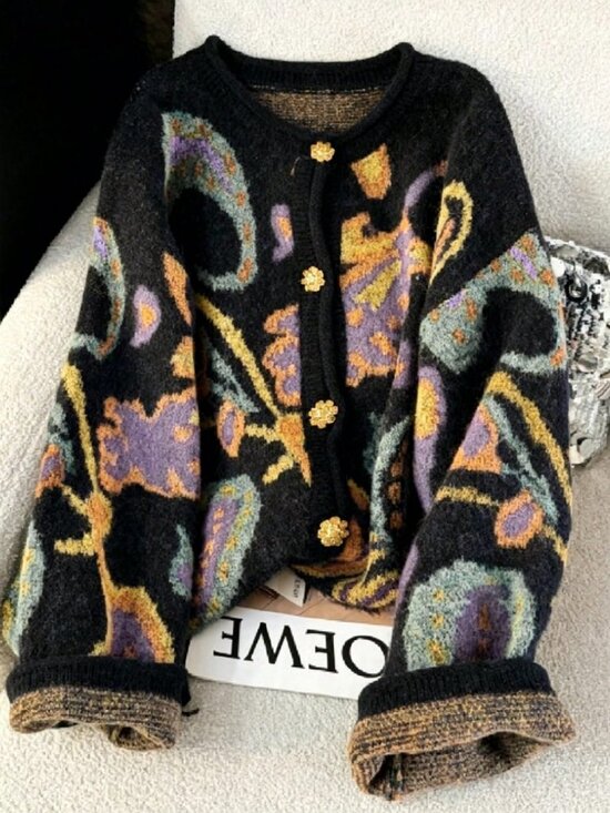 Sweaters - Black Casual Women's Plus Size Multi-Color Button Round Neck Knitted Cardigan